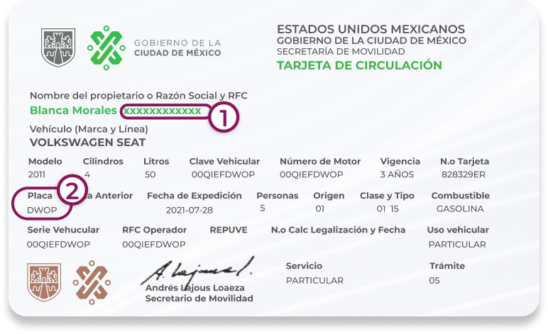Imagen que muestra una tarjeta de circulación de la Ciudad de México con el nuevo diseño e indicando en qué parte se encuentra la CURP y el RFC del propietario del vehículo