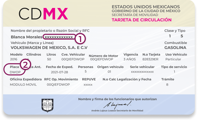 Imagen que muestra una tarjeta de circulación de la Ciudad de México con diseño anterior e indicando en qué parte se encuentra la CURP y el RFC del propietario del vehículo
